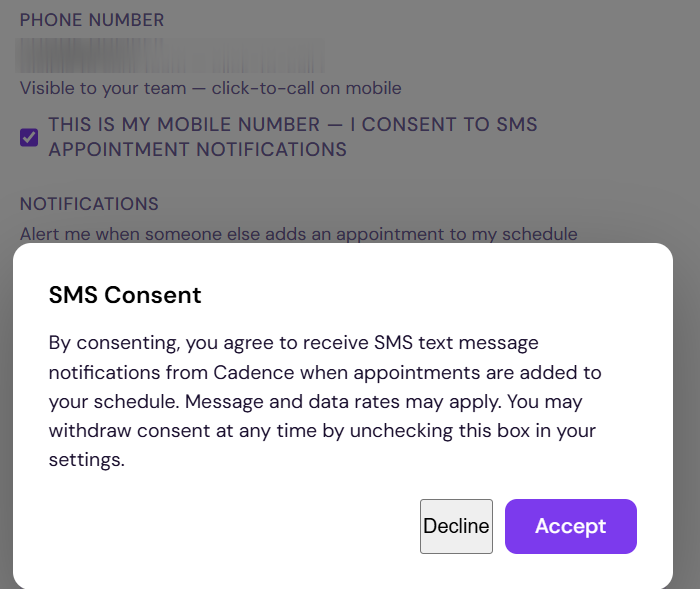 Cadence SMS opt-in workflow screenshot